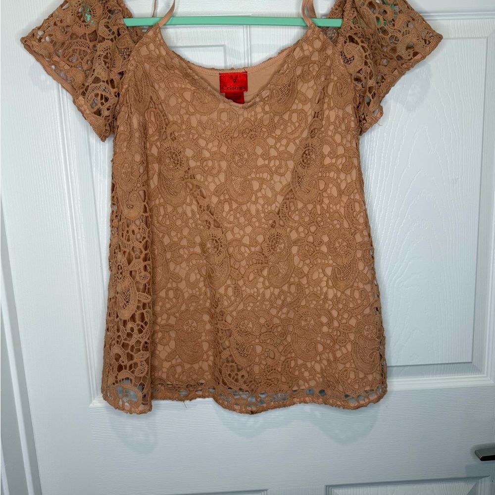 V Christina Peach Crochet Layered Lace Blouse Cold Shoulder Sz S